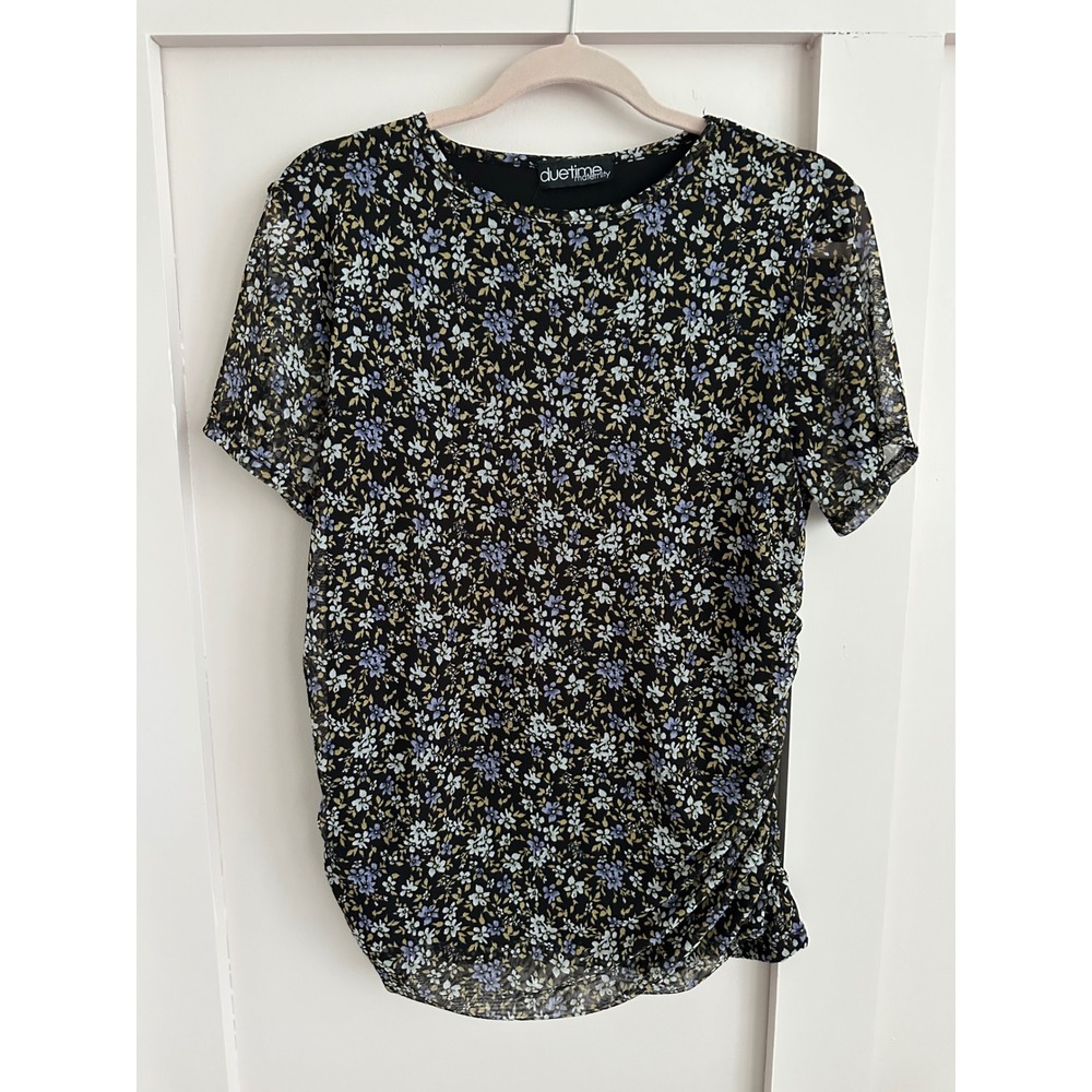 Due Time Maternity Floral Mesh Ruched Side Short Sleeve Top Black‎ Blue Tan